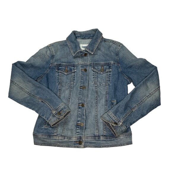 Old Navy Jacket Womens Medium Blue Jean Denim Button Front Causal Cropped - Picture 1 of 8
